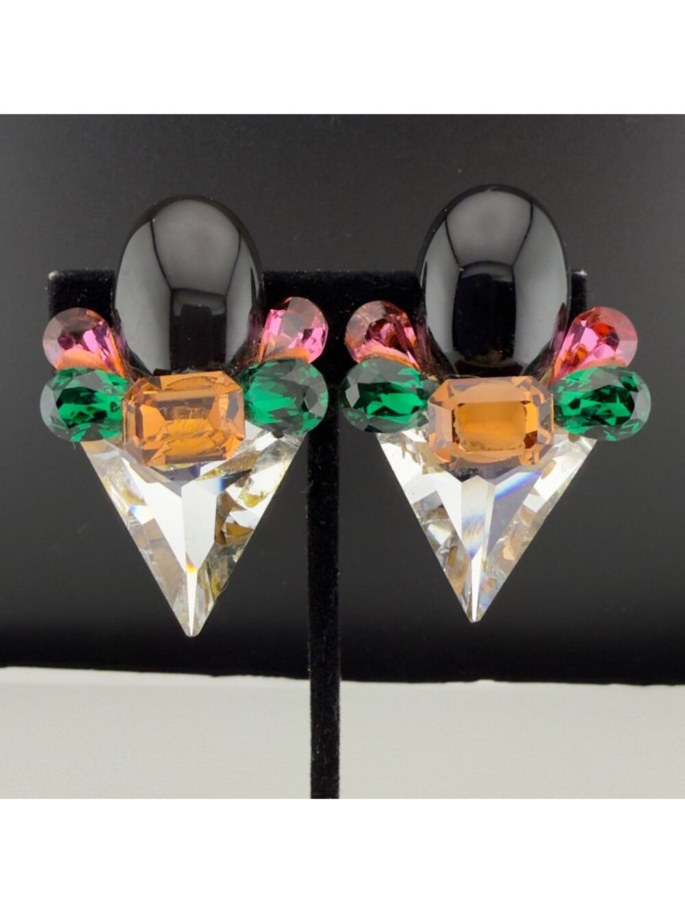 Vintage 80s Colorful Crystal Clip On Earrings Retro Bling Oversized Statement